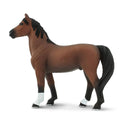 This Morgan Stallion figure is 4 ¾ inches long and 4 ¼ inches tall to the top of its ears. It's about the size of a standard 11-ounce ceramic mug. This horse features a chestnut brown coat with a black nose, mane and tail. He's got two black socks and two white socks, and his hooves are black with silver shoes