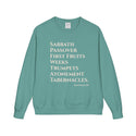Teal sweatshirt with white text on a white background