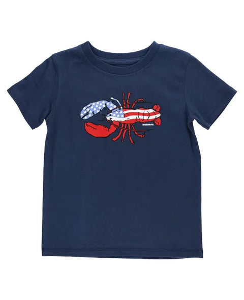 Navy t-shirt with a lobster on the front. The lobster is filled in with an American flag.