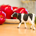 Black and white cow with bell around her neck