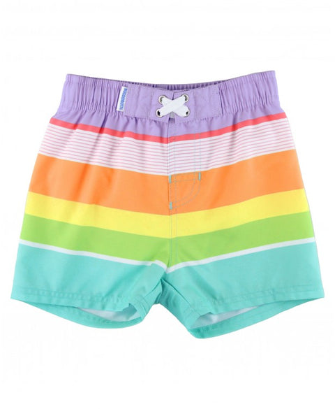 Striped swim trunks. Stripes include a purple waistband then a thinner reddish striped and white and this candy cane stripes, then a larger orange one, yellow, green, white and aqua.