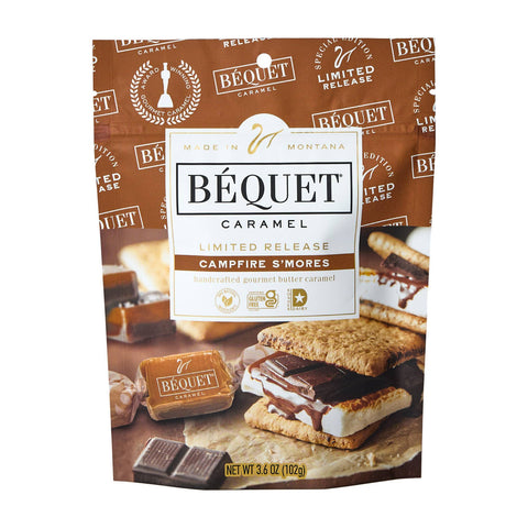 Béquet Caramel Campfire S'mores packaging with brown and white design.