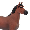 This Morgan Stallion figure is 4 ¾ inches long and 4 ¼ inches tall to the top of its ears. It's about the size of a standard 11-ounce ceramic mug. This horse features a chestnut brown coat with a black nose, mane and tail. He's got two black socks and two white socks, and his hooves are black with silver shoes