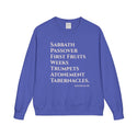 Blue sweatshirt with white text on a white background