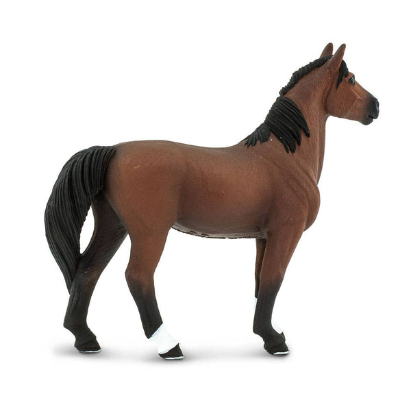 This Morgan Stallion figure is 4 ¾ inches long and 4 ¼ inches tall to the top of its ears. It's about the size of a standard 11-ounce ceramic mug. This horse features a chestnut brown coat with a black nose, mane and tail. He's got two black socks and two white socks, and his hooves are black with silver shoes