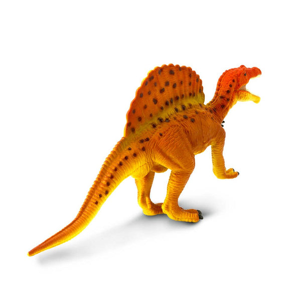 Our Great Dinos Spinosaurus toy is 11 inches long and 6 inches high, and features a vibrant orange and yellow paint scheme, with black spots on its neck, sail, and tail.