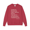 Red sweatshirt with white text on a white background
