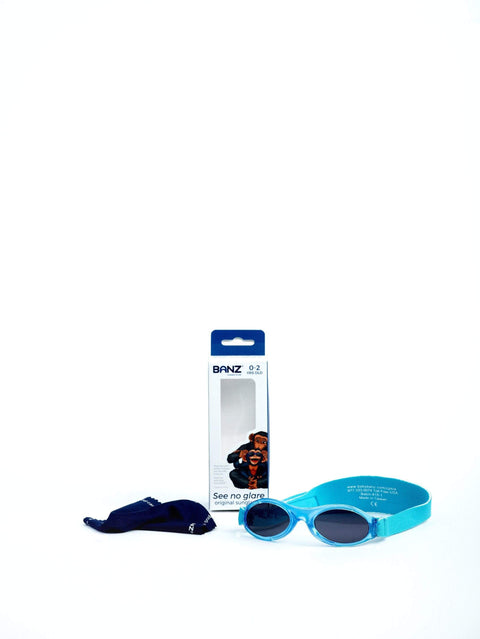 Blue baby sunglass with strap and carrying case to match