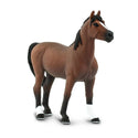 This Morgan Stallion figure is 4 ¾ inches long and 4 ¼ inches tall to the top of its ears. It's about the size of a standard 11-ounce ceramic mug. This horse features a chestnut brown coat with a black nose, mane and tail. He's got two black socks and two white socks, and his hooves are black with silver shoes