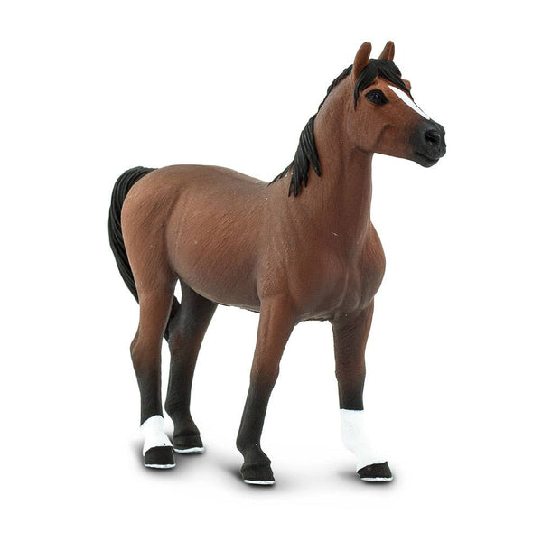 This Morgan Stallion figure is 4 ¾ inches long and 4 ¼ inches tall to the top of its ears. It's about the size of a standard 11-ounce ceramic mug. This horse features a chestnut brown coat with a black nose, mane and tail. He's got two black socks and two white socks, and his hooves are black with silver shoes