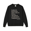 Black sweatshirt with white text on a white background