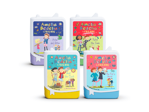 Set of four colorful book boxes featuring illustrations of children and characters from 'Amelia Bedelia' series on a white background.