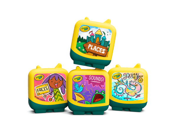 Four colorful Crayola audio boxes with different designs on a white background