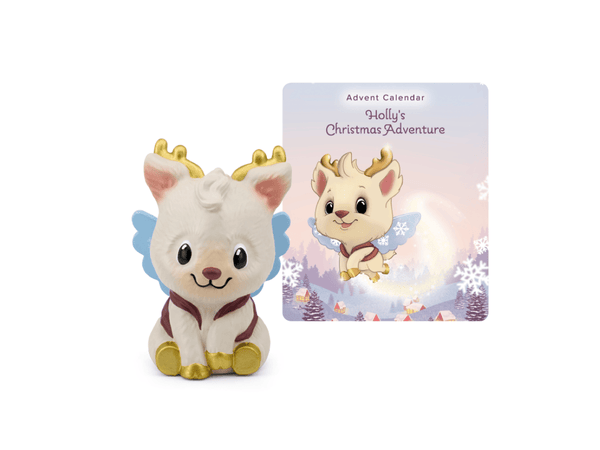 A small white cartoon reindeer figurine with gold antlers and blue wings stands in front of a square illustrated card titled 'Advent Calendar: Holly's Christmas Adventure' on a clean white background.