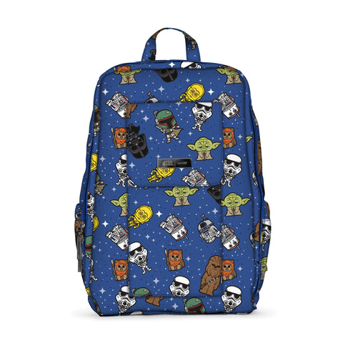 Small Backpack. It has a blue background with star wars cartoon characters printed all over it