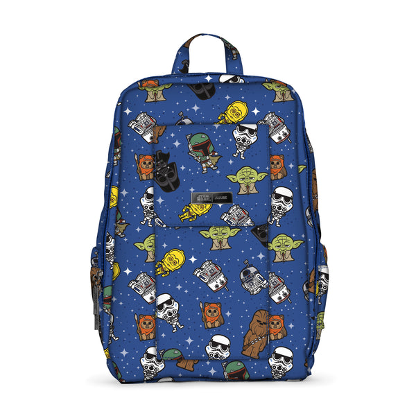 Small Backpack. It has a blue background with star wars cartoon characters printed all over it