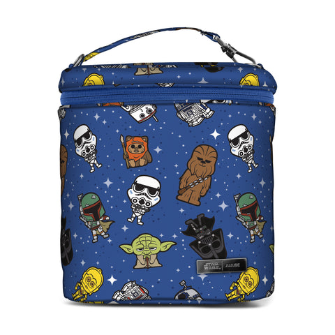 Baby bottle cooler pack. Blue background with cartoon style star wars characters printed all over it.