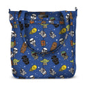 Diaper bag with blue background. It has cartoon style star wars characters all of it. 