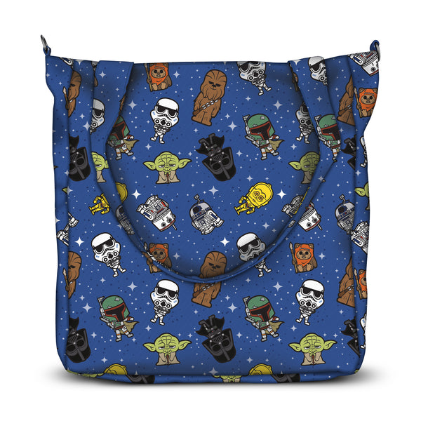 Diaper bag with blue background. It has cartoon style star wars characters all of it. 