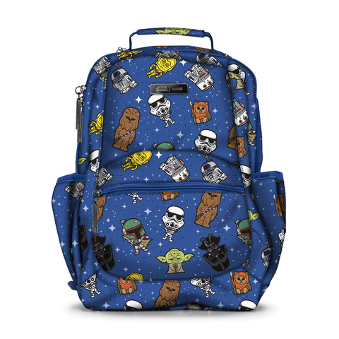 Large Packback. Blue Background with star wars cartoon characters printed all over it