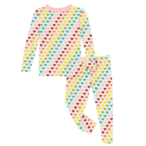 white Long Sleeve Pajama Set with Rainbow Hearts