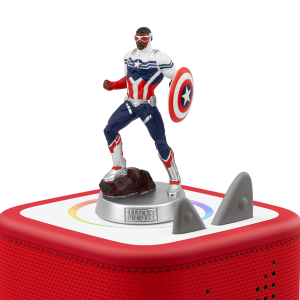 Marvel Captain America figurine displayed on a red and white speaker-like base with shark-fin details, shown against a clean white background.