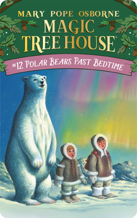 Polar Bears Past Bedtime card has a tall polar bear and the two children looking at the Northern Lights