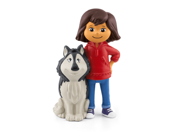 Figurine of a person in a red hoodie with a dog on a white background