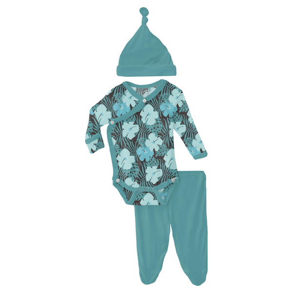 Kimono newborn set with aqua knotted hat, kimono onesie that is black with aqua hawaiian flowers and ferns and solid aqua pants