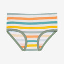 This Pair of Brief Underwear has a white background with Horizontal Stripes. Aqua, Orange, yellow, and Sage Green