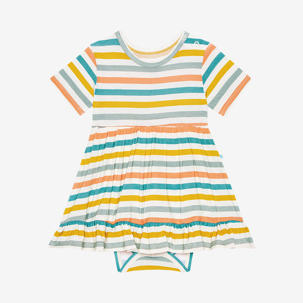 This Bodysuit dress has a white background with horizontal stripes. Aqua, Mustard, Sage Green, and Coral