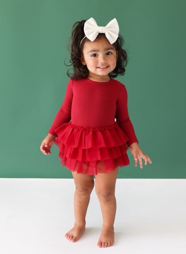 Girl wearing Long Sleeve Tulle Bodysuit ~ Dark Red Ribbed