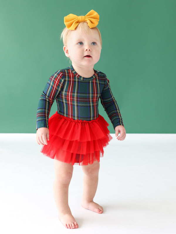 Long Sleeve Tulle Skirt Bodysuit ~ Tartan Plaid