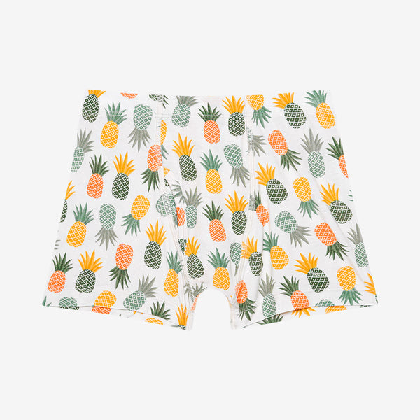 First Boxer Brief. White background with pineapples. Colors are Dark green, Light Green, Orange, yellow, 