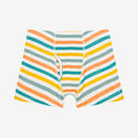 2nd pair boxer briefs. white background. Horizontal stripes. Aqua, orange, yellow, and sage