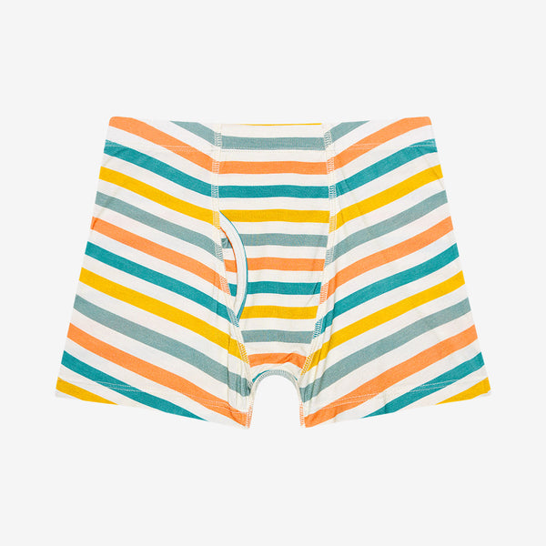 2nd pair boxer briefs. white background. Horizontal stripes. Aqua, orange, yellow, and sage