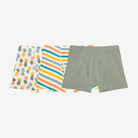 This pictures has all three Boxer Briefs. White Back Ground with Pineapples (all different ripping stage colors) 2nd pair Horizontal stripes, Aqua, Orange, Sage, and Yellow. And the 3rd pair is a solid sage. 