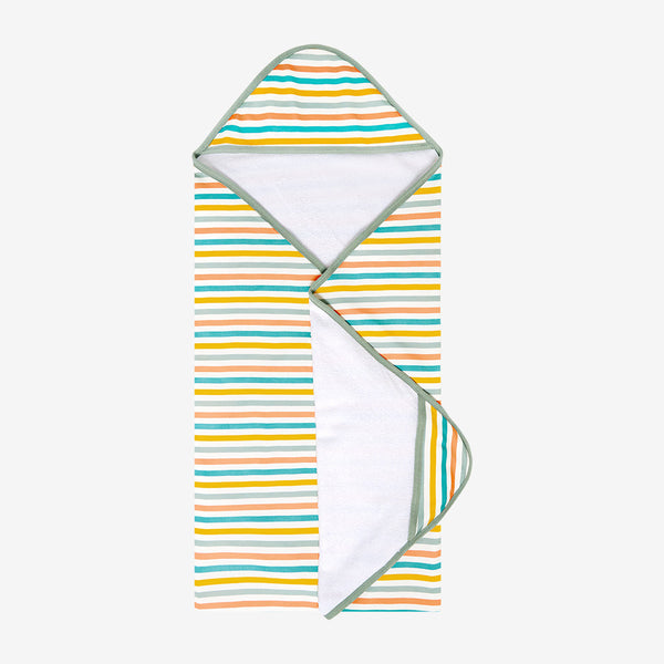 hooded towel has a white terry cloth inside. Outside has a white background with horizontal stripes. Aqua, Mustard, Sage Green, and Coral