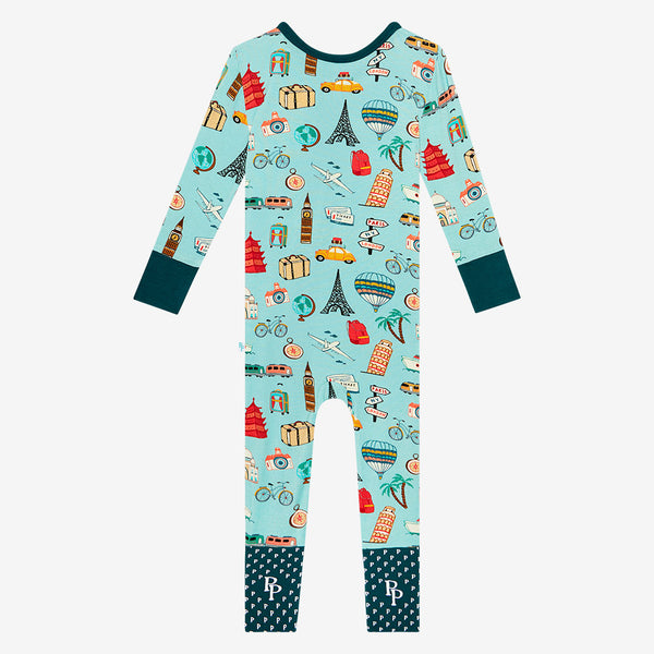 One Piece PJ with aqua canvas and iconic structures, buildings, and modes of transportation with a deep teal trim and cuffs 