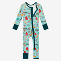 One Piece PJ with aqua canvas and iconic structures, buildings, and modes of transportation with a deep teal trim and cuffs