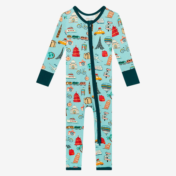 One Piece PJ with aqua canvas and iconic structures, buildings, and modes of transportation  with a deep teal trim and cuffs
