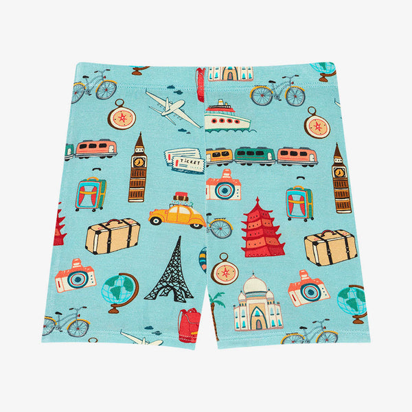 Two piece PJ set in aqua with iconic structures, buildings and modes of transportation all over