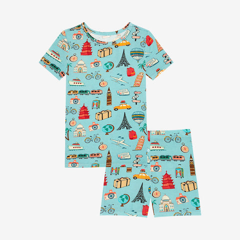 Two piece PJ set in aqua with iconic structures, buildings and modes of transportation all over