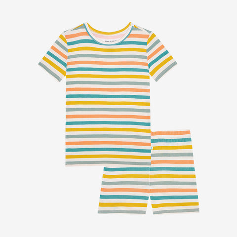Two Piece Pajama. Short Sleeve shirt and shorts has a white background with horizontal stripes. Aqua, Mustard, Sage Green, and Coral