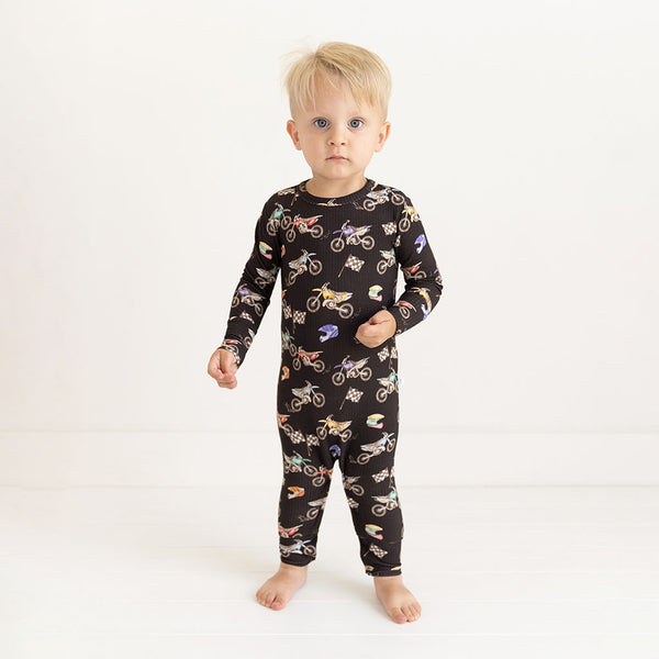 Long sleeve long romper in supermini print on blonde boy.