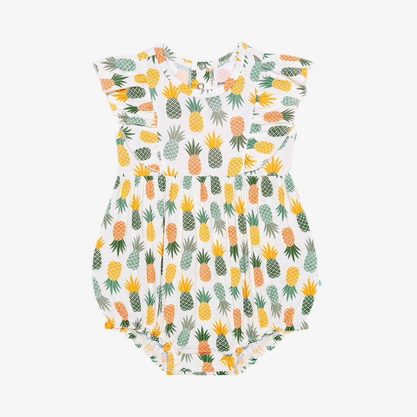 Flutter Sleeve Romper with easy diaper change snaps. This is the This print has a white background with Pineapple print. Light Green, Dark green, Orange, and Yellow Pineapples are repeated all over with a white background