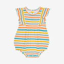 This romper has a white background with horizontal stripes. Aqua, Mustard, Sage Green, and Coral