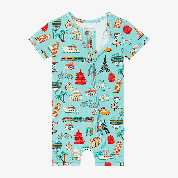 Short Sleeve short length zippered romper in aqua with iconic structures, buildings, and modes of transportation printed all over