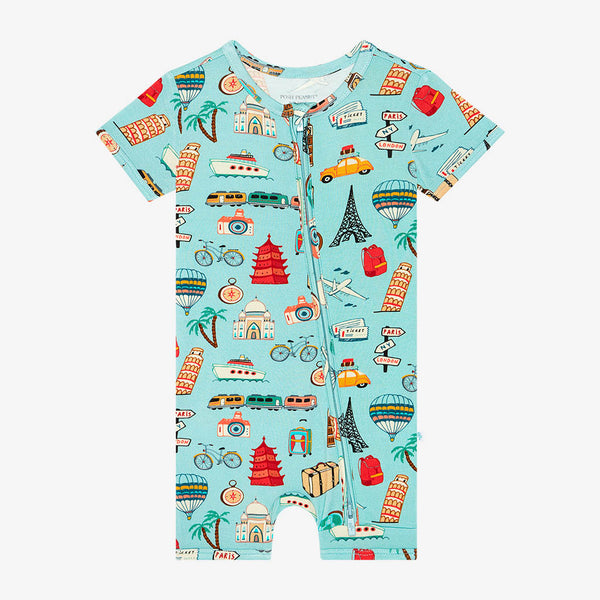 Short Sleeve short length zippered romper in aqua with iconic structures, buildings, and modes of transportation printed all over