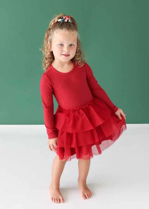 Girl wearing Long Sleeve Tulle Dress ~ Dark Red Ribbed